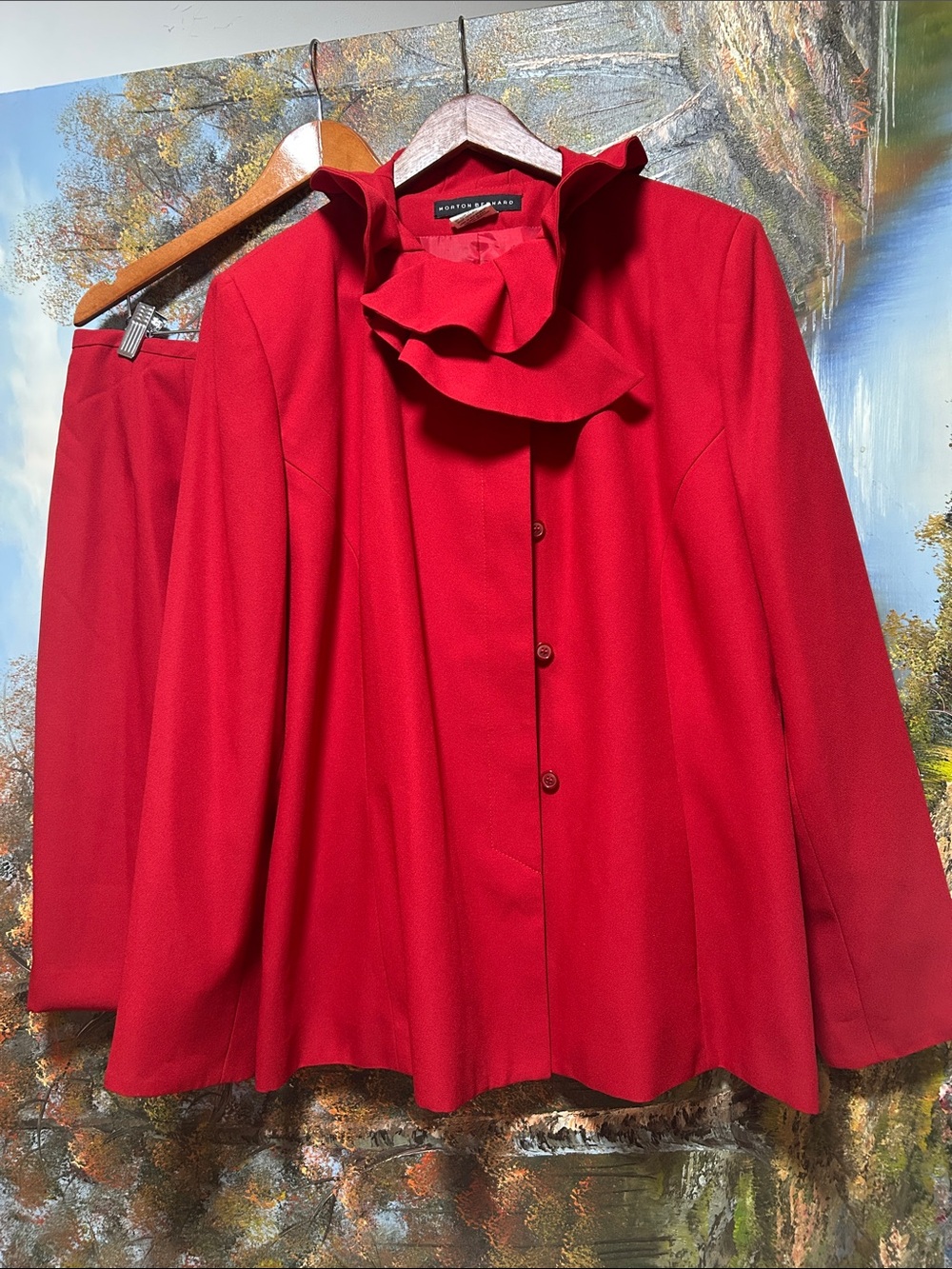 MORTON BERNARD Red Ruffle-Trim Skirt Suit.